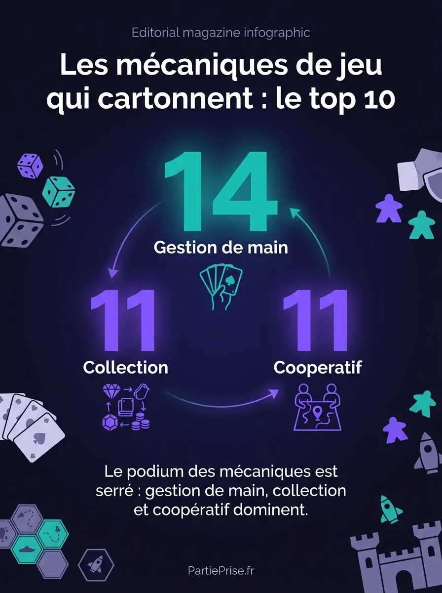 Infographie présentant le top des mécaniques de jeux de société par nombre de jeux, avec la gestion de main en tête.
